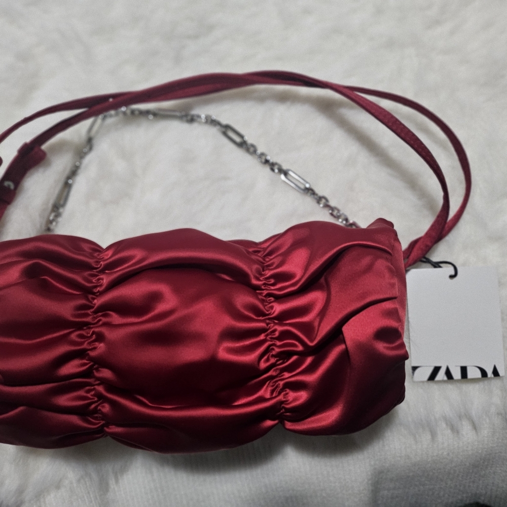 Zara Red Satin Shoulder Bag with Chain Accent -NWT